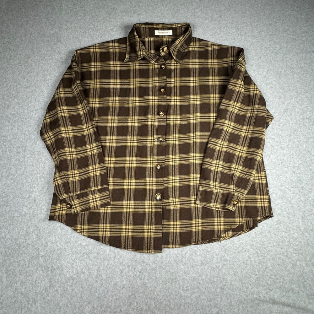 Fantaslook Brown Plaid Button Down Shirt Women XL Long Sleeve Flannel Style